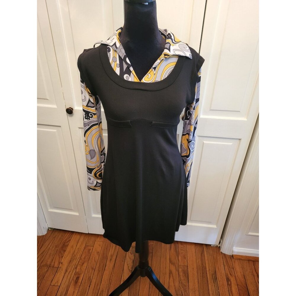 Vintage y2k Black Mini Babydoll Dress Yellow/Gray Print Shirt  S Retro 70's Twee